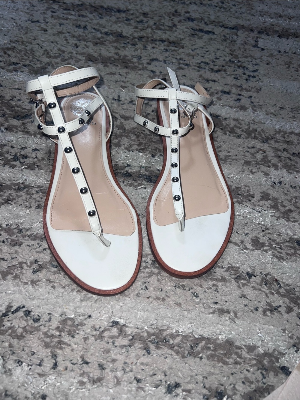 Vince Camuto White T-Strap Stud Sandals
